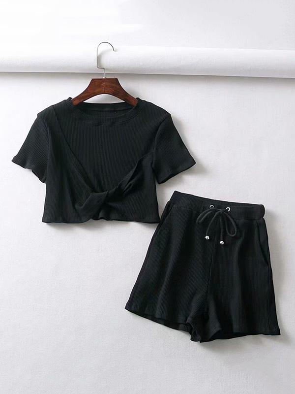 Front Cross Solid Tees And Drawstring Shorts Suits