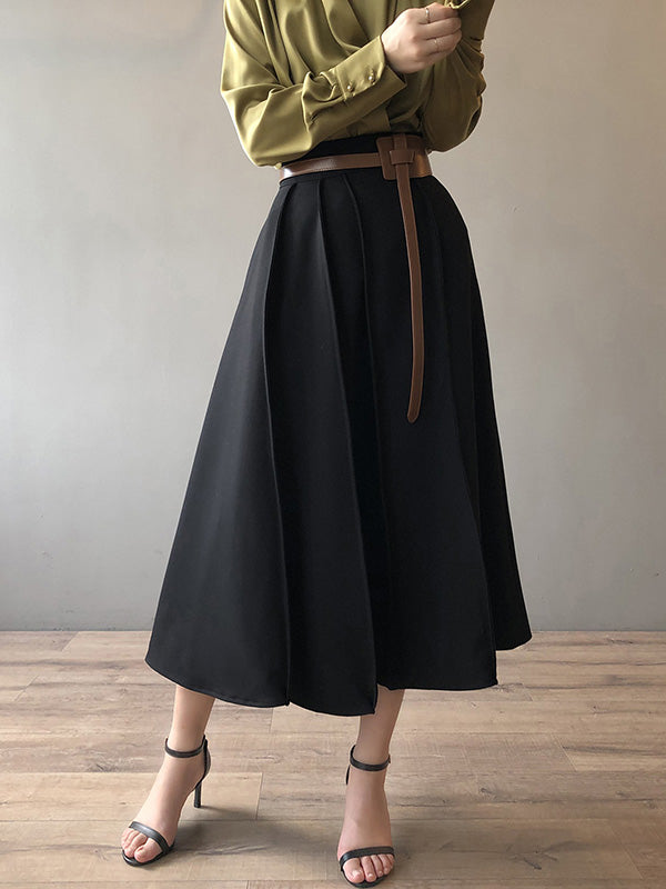 Simple Loose Solid Color Pleated A-Line High-Waist Long Skirt