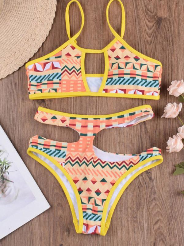 Sexy Deep V-Neck  Mosaic Printing Hollow Bandage Swimwear