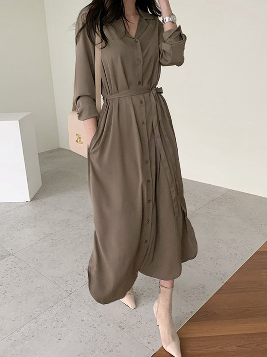 Urban Solid Color Elasticity Waist Long Sleeve Shirt Dress