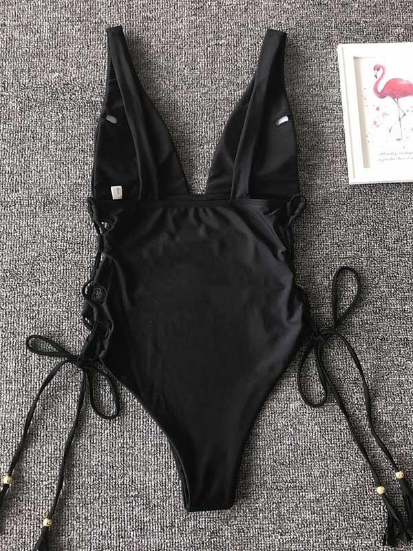 Plain Plunging Lace Up One-piece Swimsuit