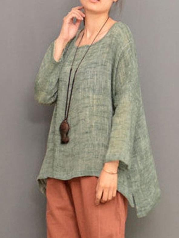 Loose Linen Round-neck Split-joint Long Sleeves T-shirt