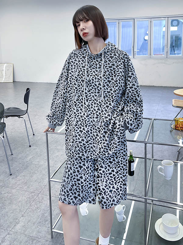 Stylish Loose Leopard Drawstring Long Sleeves Hoodies&Wide Legs Shorts 2 Pieces Set