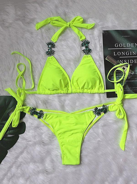 Gorgeous Embellished Solid Color Triangles Knotted Split Bikini Swimsuit