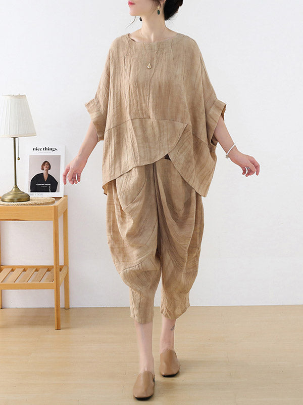 Vintage Linen Loose Split-Joint Round-Neck Batwing Sleeves T-Shirt+Elasticity Wide Leg Pants 2 Pieces Set