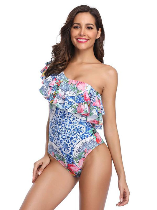 Single Shoulder Falbala Printed One-piece Swimsuit