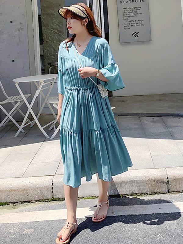 Loose Flared Sleeves Solid Layeres Dress