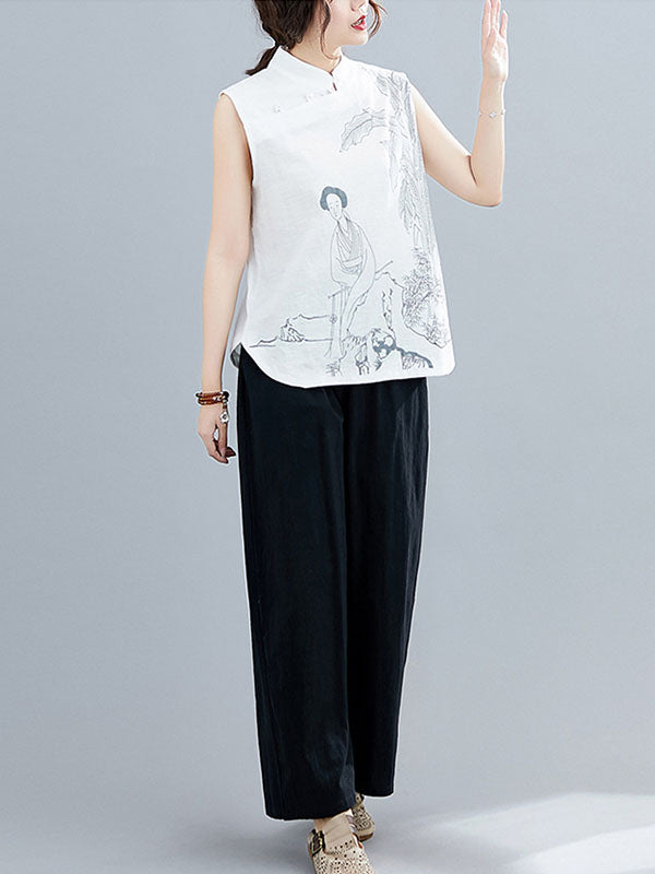 Artistic Retro Chinese-Style Printed Buttoned Stand Collar Sleeveless Vest