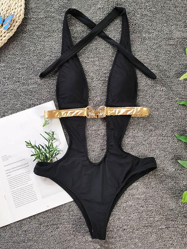 Sexy Deep V-Neck Sash Split Type Bikini Swimsuit