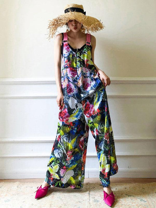 Retro Flower Printed V-neck Jumpsuit