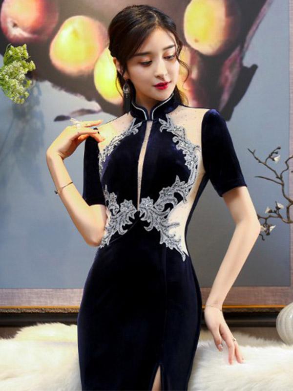 Stand Collar Beaded Split-side Corduroy Long Cheongsam