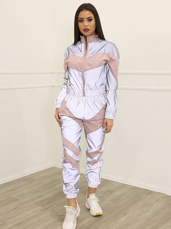 Patchwork Zipper Sport Jackets And Casual Pants Suits