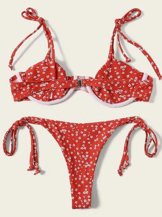 Ribbed Underwired Floral-Print Split Bikini Swimsuit