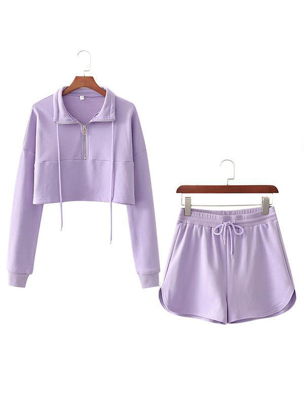 Solid Color Loose Zipper Sweatshirt&Shorts Suits