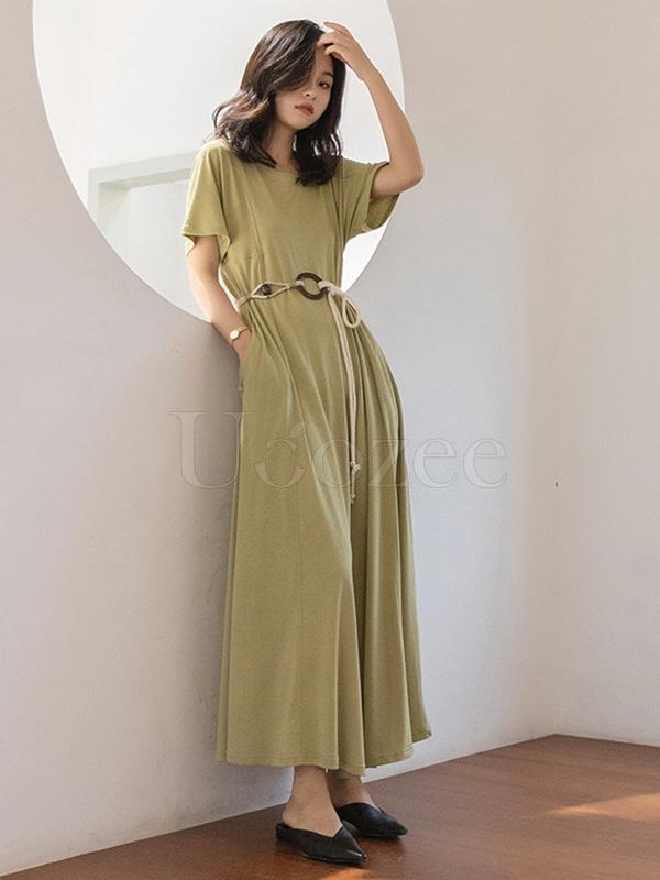 Casual Solid Belted Hemline Maxi Dress