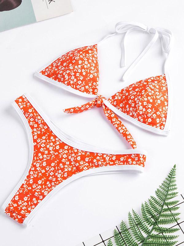 Sexy Spaghetti-Neck  Bandage  Little Flower Split Type Bikini Swimsuit