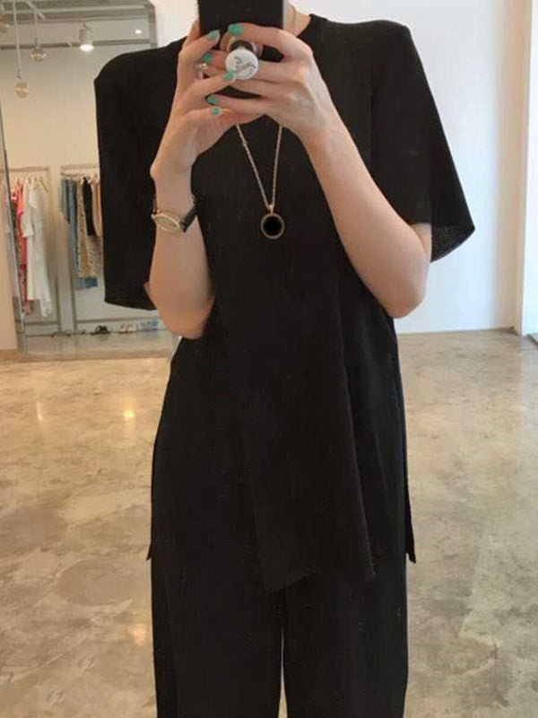 Casual Solid Color Split-Side Round-Neck Half Sleeves T-Shirt+Wide Leg Pants 2 Pieces Set