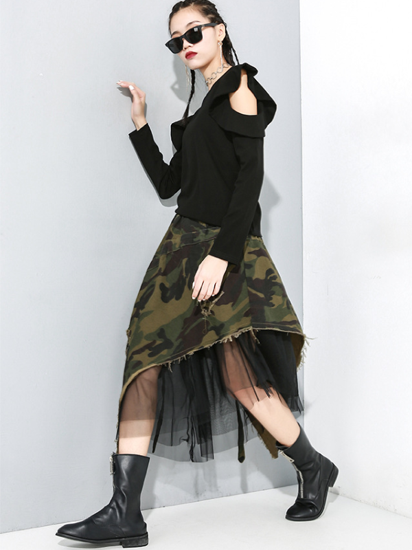 Stylish Camouflage Split-Joint Asymmetric Skirt