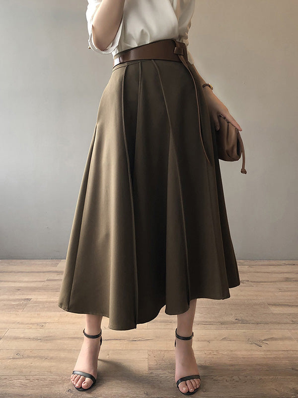 Simple Loose Solid Color Pleated A-Line High-Waist Long Skirt