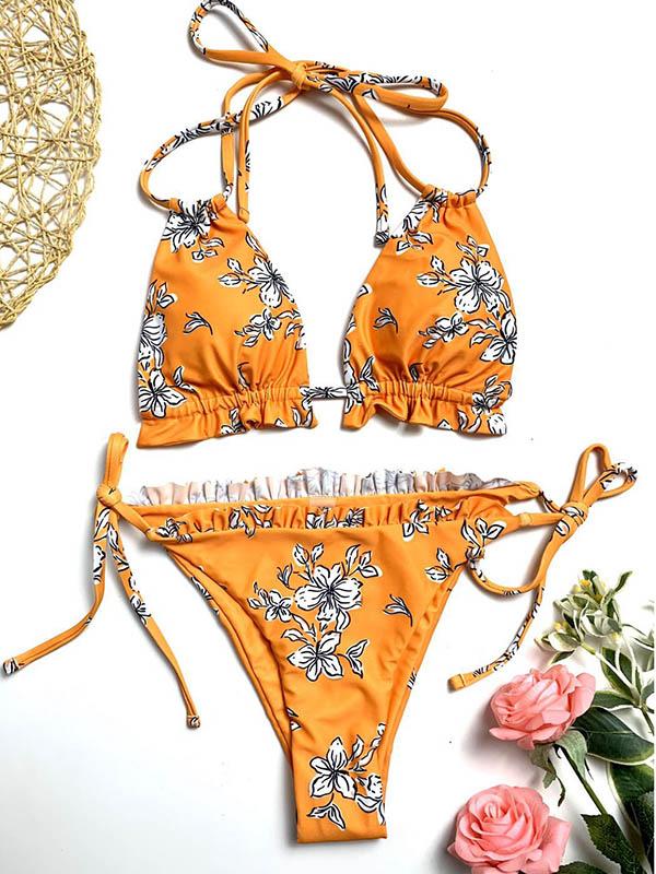 Floral-Print Bandage Ruffled Split Bikini Swimsuit