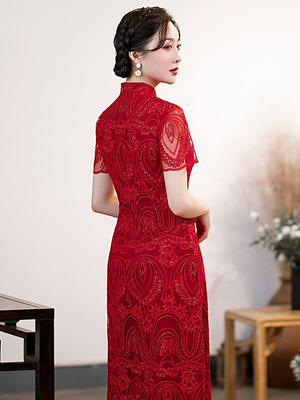 Gauze Lace Hollow Stand Collar Short Sleeves Wedding Cheongsam