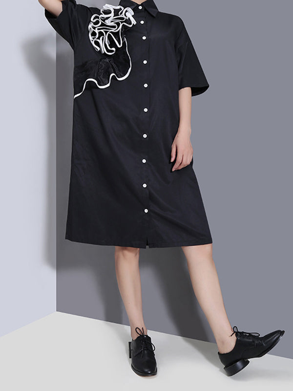 Original Flower-Embellished Lapel  Split-Joint Shirt Dress