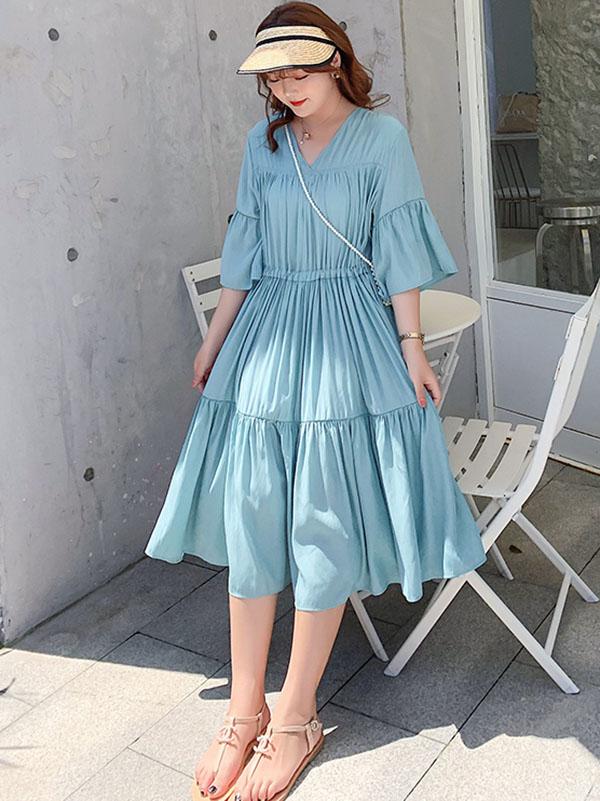 Loose Flared Sleeves Solid Layeres Dress