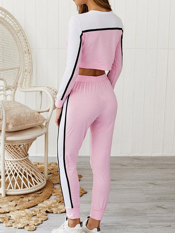 Paneled Long Sleeve Crop Tees And Track Pants Suits