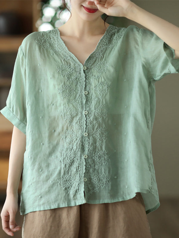 Artistic Retro Loose Solid Color Ramie Cotton Embroidered Blouse