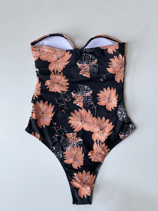 Floral-Print Bandeau Belted One-Piece Swimwear