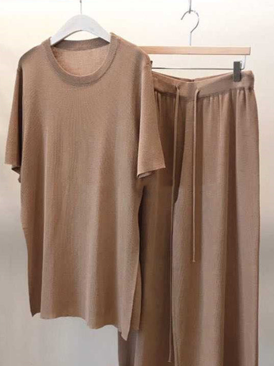 Casual Solid Color Split-Side Round-Neck Half Sleeves T-Shirt+Wide Leg Pants 2 Pieces Set