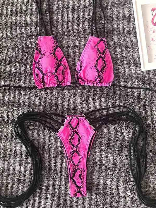 Snake-Print Triangles Bandage Split Bikini Swimsuit