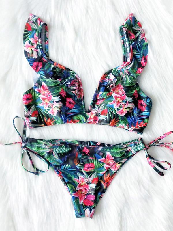 Sexy V-Neck Falbala Printing Split Type Bikini Swimsuit