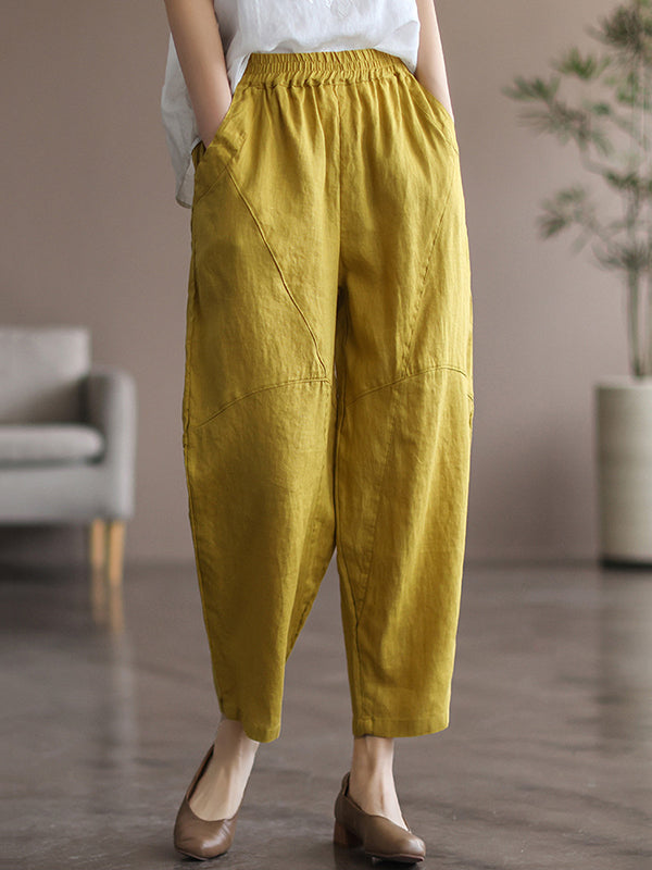 Simple Linen Solid Color Split-Joint Harem Pants