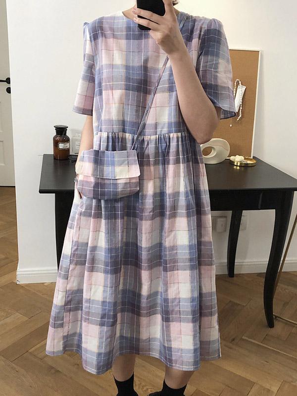 Vintage Plaid Puff Sleeves Dress