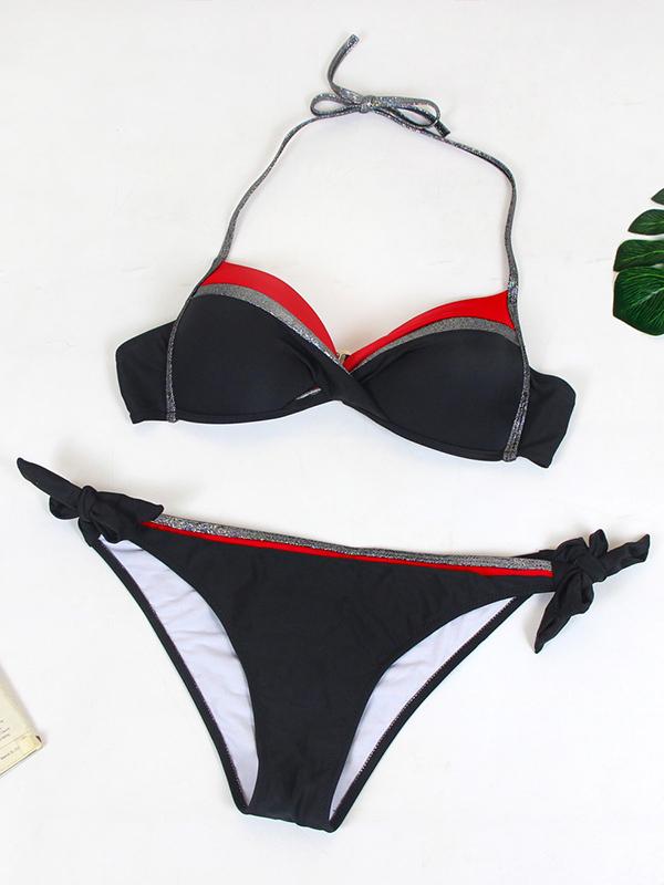 Plus Size Contrast Color Lace-up Bikini Set