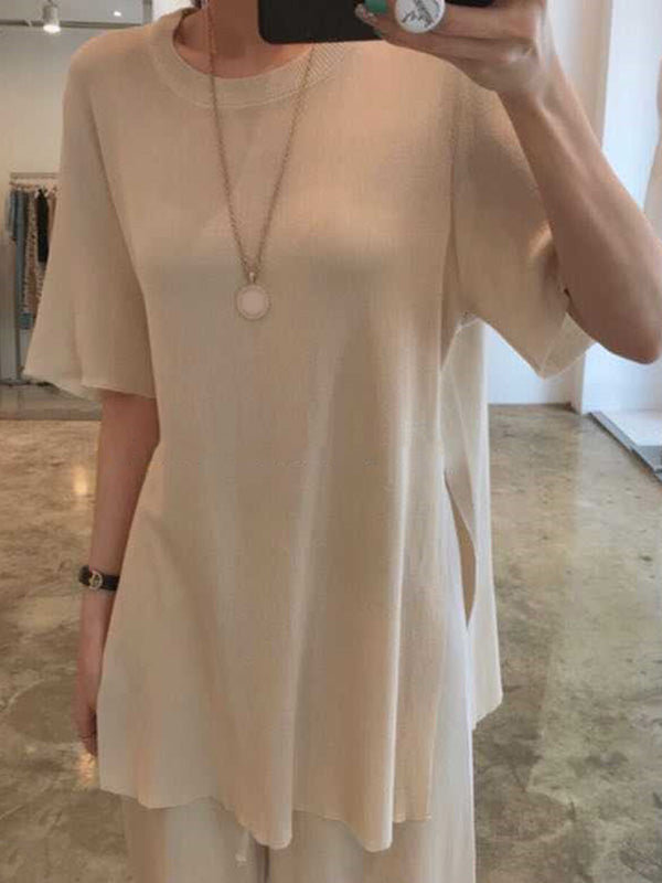 Casual Solid Color Split-Side Round-Neck Half Sleeves T-Shirt+Wide Leg Pants 2 Pieces Set