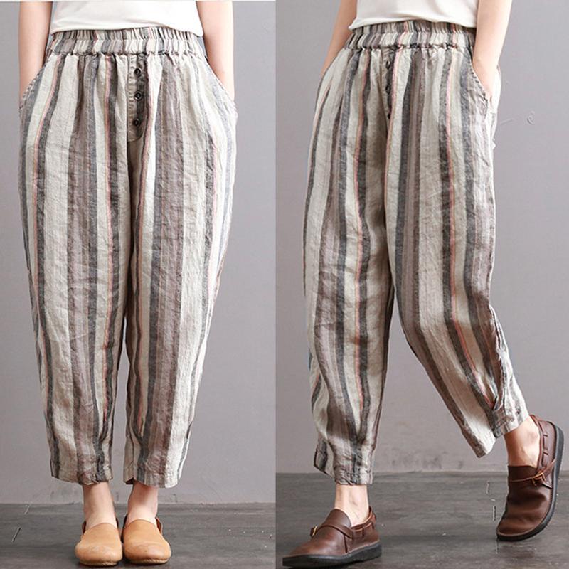 Cotton Linen Striped Casual Ankle-Length Harem Pants