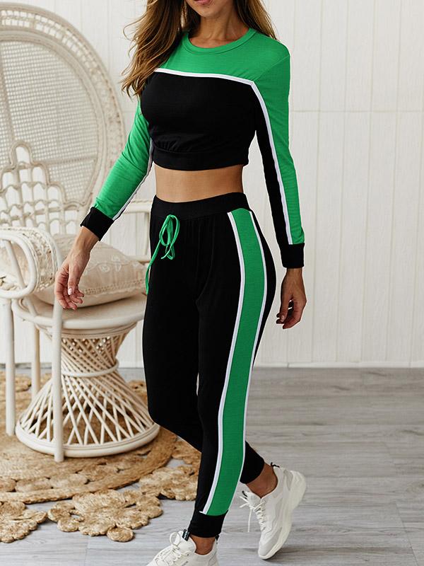 Paneled Long Sleeve Crop Tees And Track Pants Suits