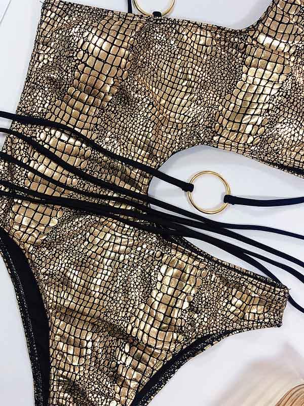 Snake-Print Asymmetric Bandage Split Bikini Swimsuit