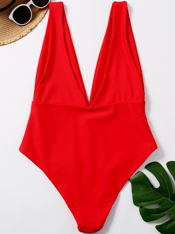 Solid Color Deep V-Neck One-Piece Swimwear