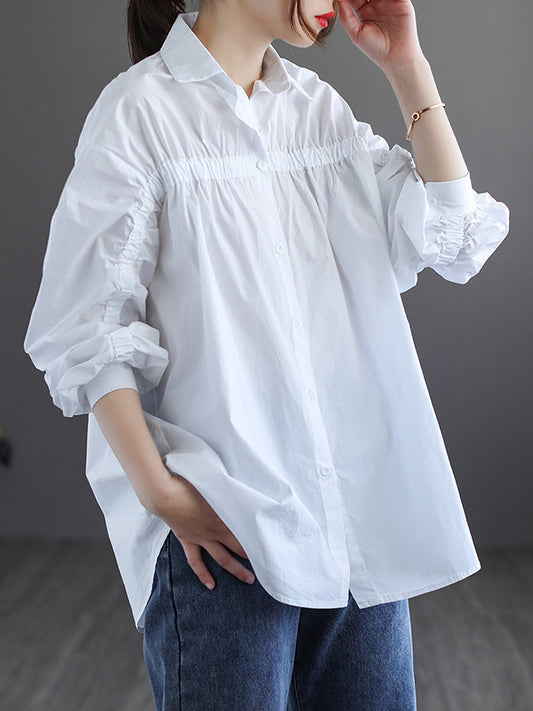 Simple Split-Joint Pleated Buttoned Lapel Collar Long Sleeves Blouses