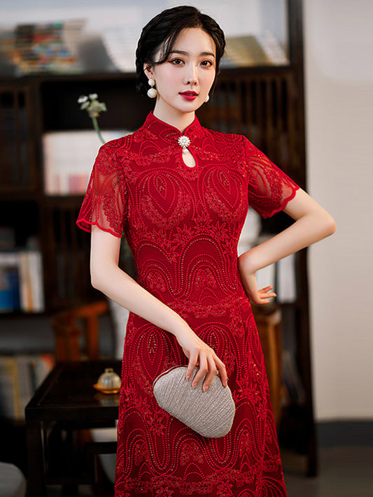 Gauze Lace Hollow Stand Collar Short Sleeves Wedding Cheongsam