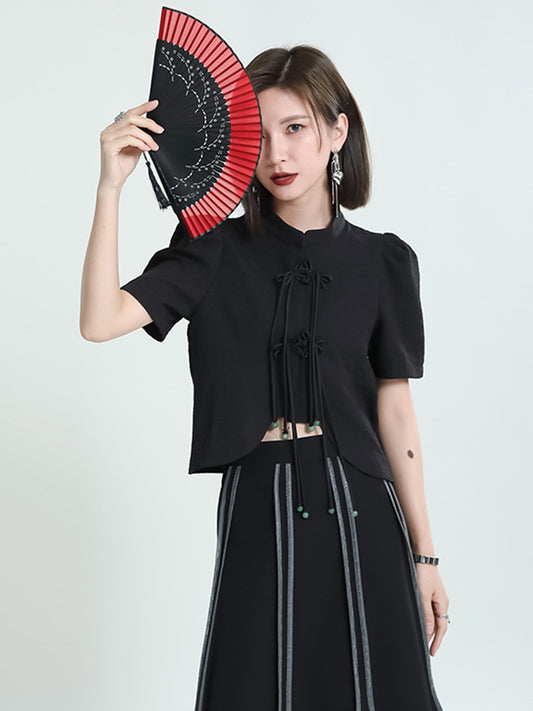 Original Stand Collar Puff Sleeves Black Split-Joint Blouse