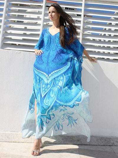 Blue-white Super Loose Printed Beach Cover-ups