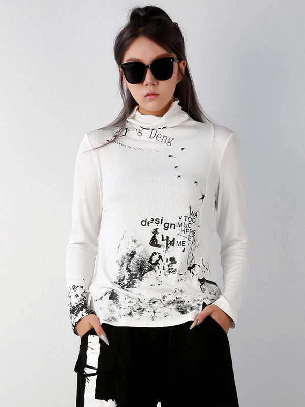 Original Creation Long Sleeves Skinny Letter Print High-Neck T-Shirts Tops