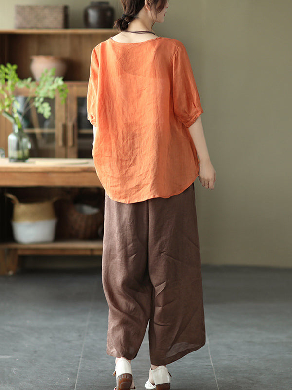 Simple Casual Vintage Ramie Cotton Wide Legs Pants