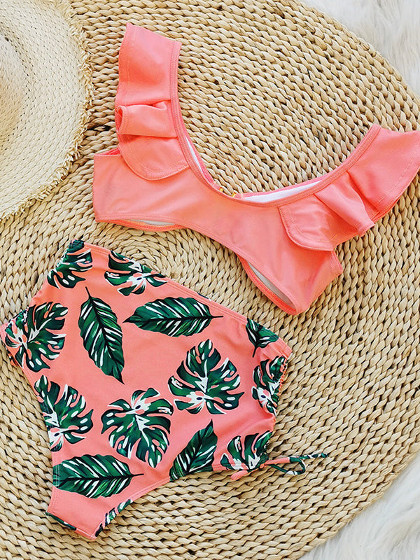 Printed High-Waisted Drawstring Falbala Bikini Swimsuit