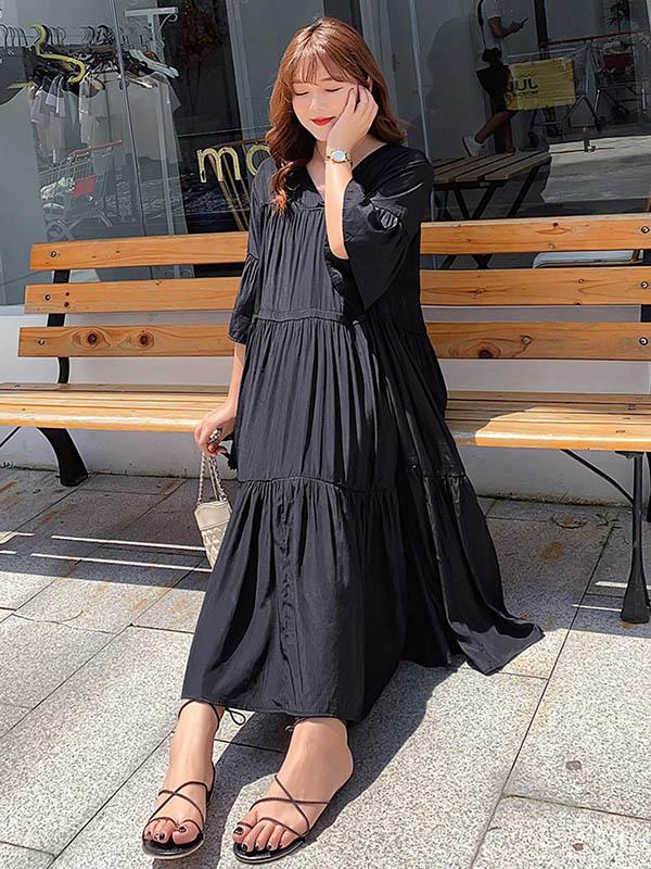 Loose Flared Sleeves Solid Layeres Dress