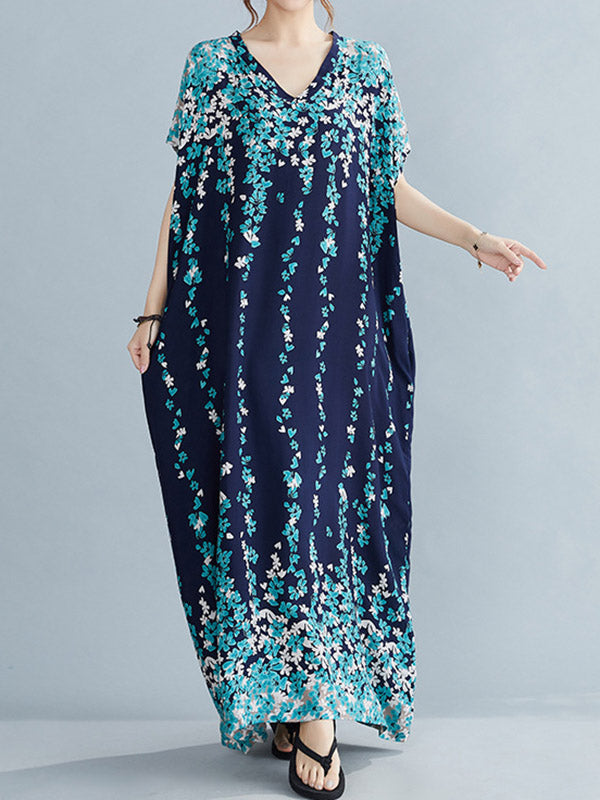 Original Floral Printed Loose V-Neck Batwing Sleeves Maxi Dress